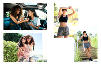Commercial collage featuring friends, outdoor fashion, and women's fitness photography.
