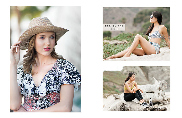 Fashion collage featuring a sun-hat portrait, swimwear, and outdoor fitness imagery.