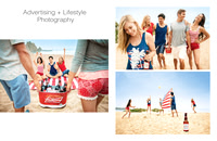 Advertising collage showing friends carrying a beverage cooler and relaxing together on the beach.
