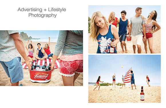 Advertising collage showing friends carrying a beverage cooler and relaxing together on the beach.