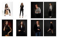 Editorial portrait collage featuring women in fashion looks photographed on light and dark studio backgrounds.