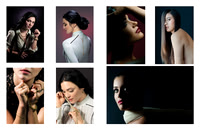 Beauty portrait collage with dramatic lighting, close-up details, and polished editorial styling.