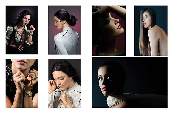 Beauty portrait collage with dramatic lighting, close-up details, and polished editorial styling.