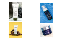 Commercial skincare collage featuring men’s grooming products and face-care products in studio setups.