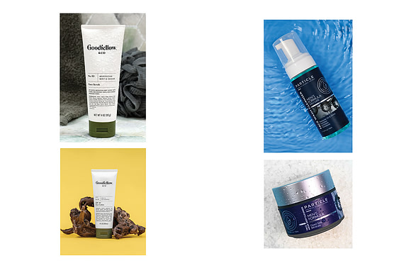 Commercial skincare collage featuring men’s grooming products and face-care products in studio setups.