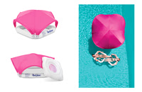 Commercial product collage featuring a bright pink AquaCabana pool float in studio and in a swimming pool.