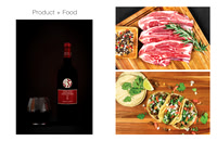 Product and food collage featuring a wine bottle, raw meat, and prepared tacos.