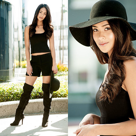 Fashion collage featuring a woman in black outfits, including boots and a wide-brimmed hat.