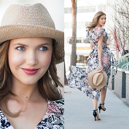 Fashion collage featuring a close portrait and full-length image of a woman in a floral dress and sun hat.