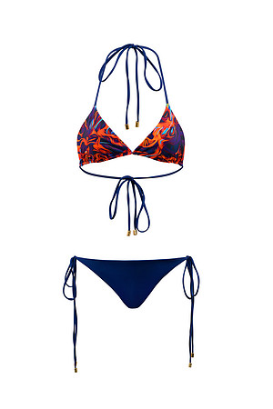 E-commerce product photograph of a navy bikini with orange-and-blue abstract-print top isolated on white.
