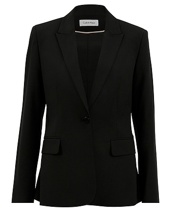 E-commerce apparel photograph of a black Calvin Klein blazer shown from the front on white.