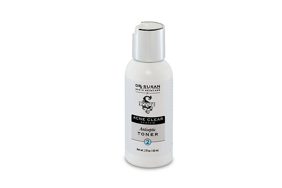White-background product photograph of an Acne Clear System antiseptic toner bottle.
