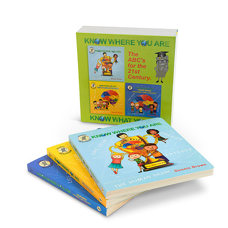 White-background product photograph of several Know Where You Are educational books arranged with a green box set.