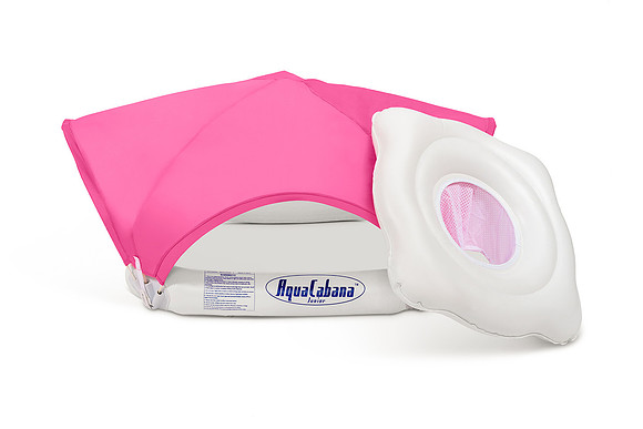 White-background product photograph of an AquaCabana Junior float showing the pink canopy and detached white seat.