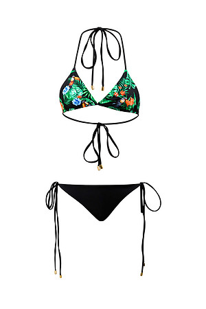 E-commerce product photograph of a black bikini with tropical-print top isolated on white.