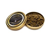 Clean white-background product photograph of an Imperia Caviar tin with metal key and white spoon.