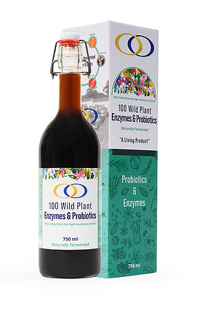 White-background product photograph of a 100 Wild Plant Enzymes & Probiotics bottle with retail packaging.