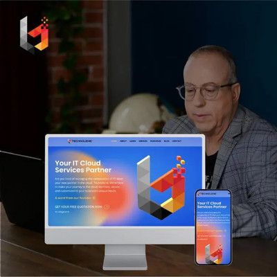 Responsive Technolene IT cloud services website displayed on desktop and mobile with the company founder in the background.