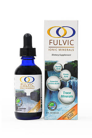 White-background product photograph of a Fulvic Ionic Minerals dropper bottle with its retail box.