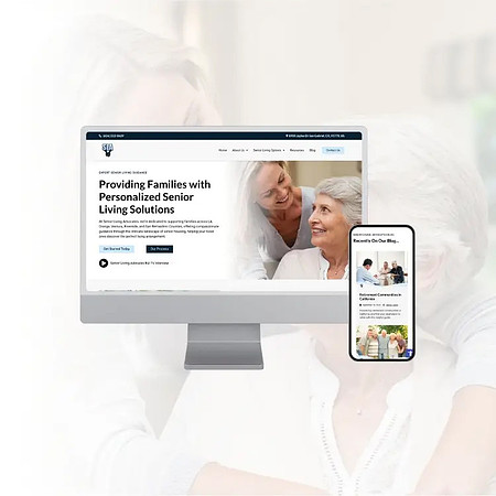Responsive website design for Senior Living Advocates displayed on desktop and mobile, featuring personalized senior living guidance.