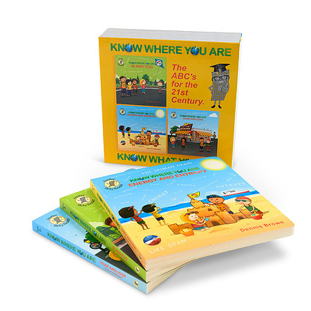 White-background product photograph of Know Where You Are educational books arranged with a yellow box set.