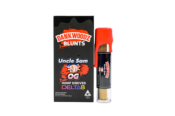 White-background product photograph of Dankwoodz Uncle Sam OG hemp-derived Delta 8 pre-roll packaging and tube.