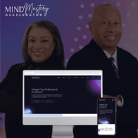 Responsive MindMastery Accelerator website design displayed on desktop and mobile with the two founders in the background.