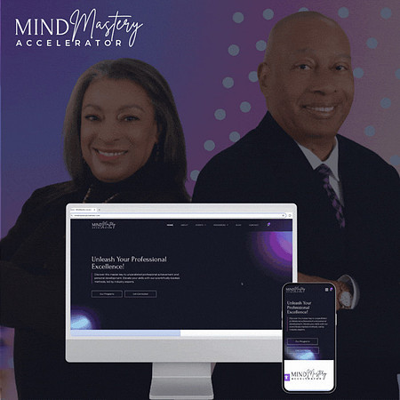 Responsive MindMastery Accelerator website design displayed on desktop and mobile with the two founders in the background.