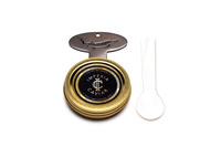 White-background product photograph of an open gold Imperia Caviar tin filled with caviar.