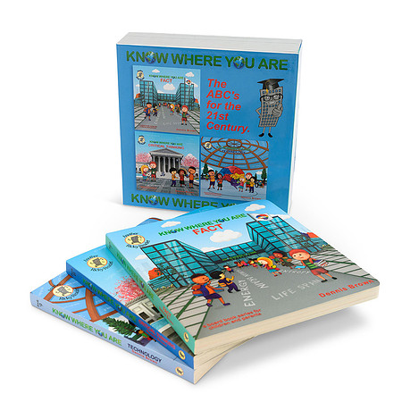 White-background product photograph of Know Where You Are educational books arranged with a blue box set.