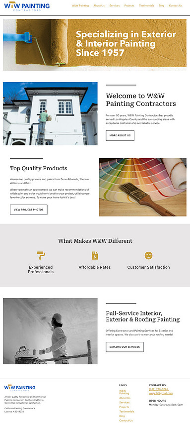 Completed W&W Painting Contractors website homepage featuring interior and exterior painting services, projects and company information.