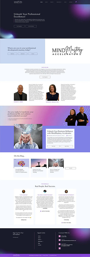 Completed MindMastery Accelerator website homepage presenting professional development programs, events and educational resources.