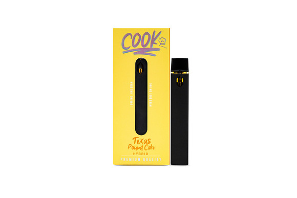 White-background product photograph of a black Cook disposable vape beside yellow Texas Pound Cake packaging.