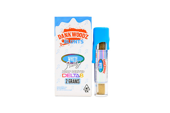 White-background product photograph of Dankwoodz White Runtz hemp-derived Delta 8 pre-roll packaging and tube.