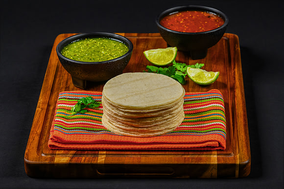 Commercial food photograph of stacked tortillas with bowls of green and red salsa, lime, and cilantro.