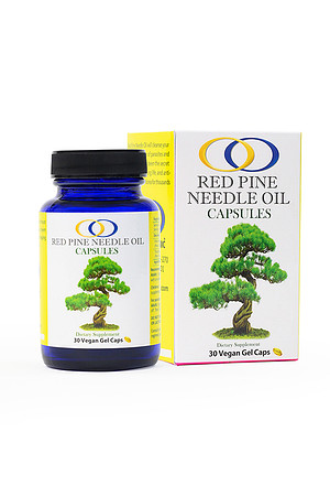 White-background product photograph of Red Pine Needle Oil Capsules in a blue bottle beside the box.