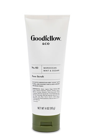 Clean white-background product photograph of a Goodfellow & Co Moroccan Mint & Cedar face scrub tube.