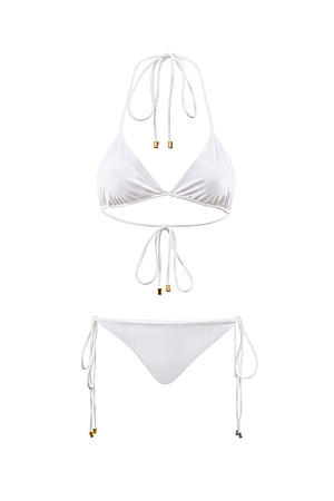 E-commerce product photograph of a white string bikini top and bottom isolated on white.