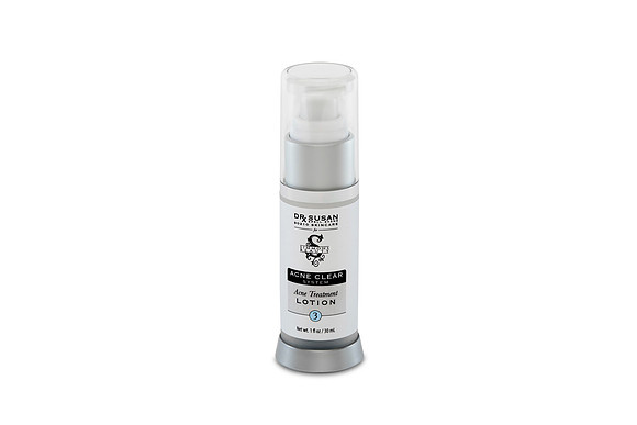 White-background product photograph of an Acne Clear System treatment lotion pump bottle.