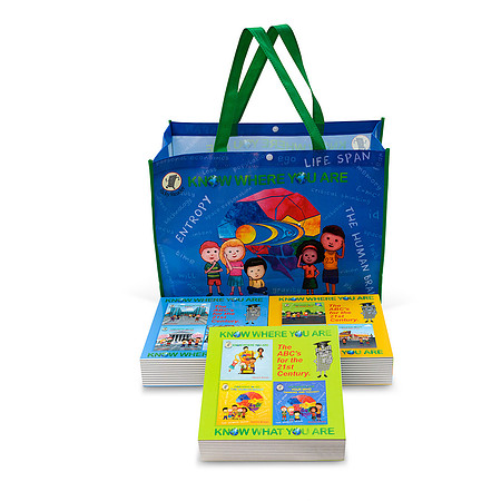 White-background product photograph of Know Where You Are books displayed with a blue-and-green branded tote bag.