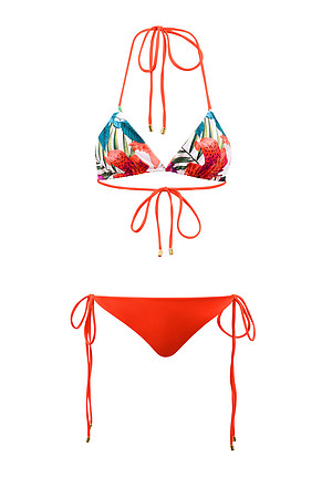 E-commerce product photograph of an orange bikini with floral-print top isolated on white.