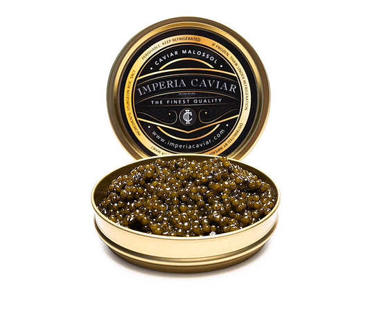White-background product photograph of a closed Imperia Caviar tin beside an open tin filled with caviar.