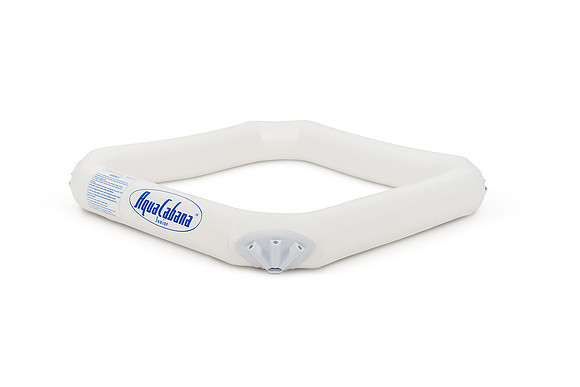 White-background product photograph of an AquaCabana Junior inflatable base with the white seat component attached.