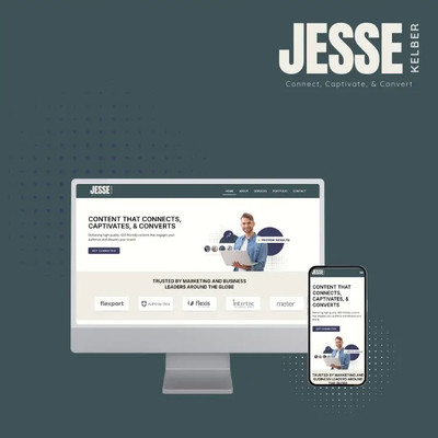 Responsive website design for content writer Jesse Kelber displayed on desktop and mobile.