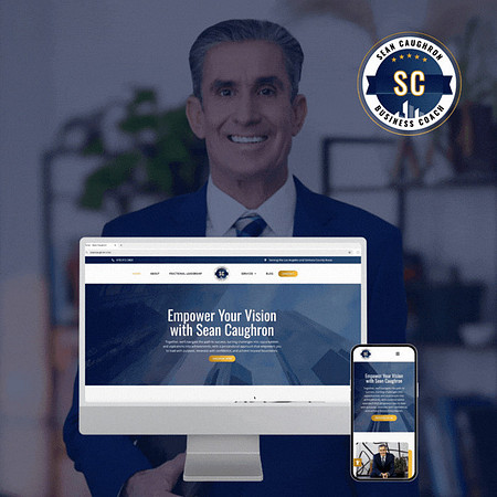 Responsive website design for business consultant and leadership coach Sean Caughron displayed on desktop and mobile.