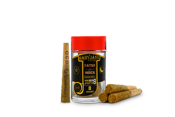 White-background product photograph of a Baby Jays Fatso mini-joints container with several pre-rolls displayed beside it.