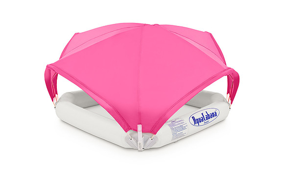 White-background product photograph of an AquaCabana Junior float with bright pink canopy from the front.