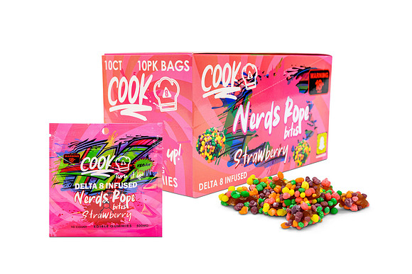 White-background product photograph of Cook Nerds Rope strawberry Delta 8 gummies with retail bag, box, and candies.