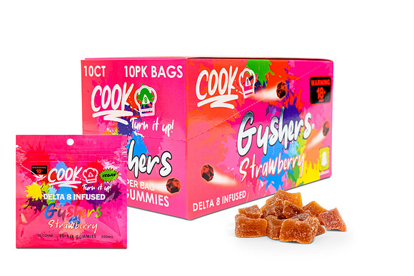 White-background product photograph of Cook Gushers strawberry Delta 8 gummies with retail bag, box, and candies.
