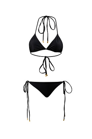 E-commerce product photograph of a black string bikini top and bottom isolated on white.